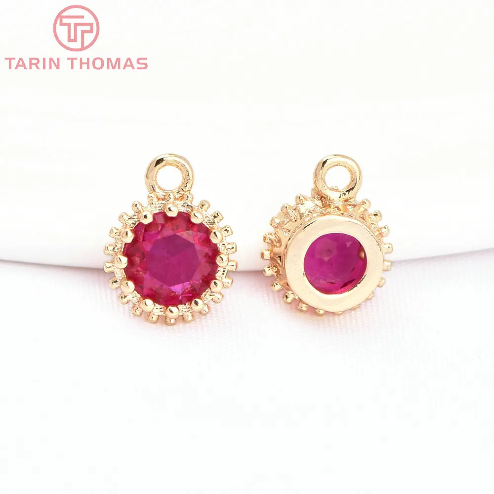 (898) 6PCS 7MM 24K Gold Color Brass with Zircon Round Charms Pendants High Quality DIY Jewelry Making Findings Wholesales