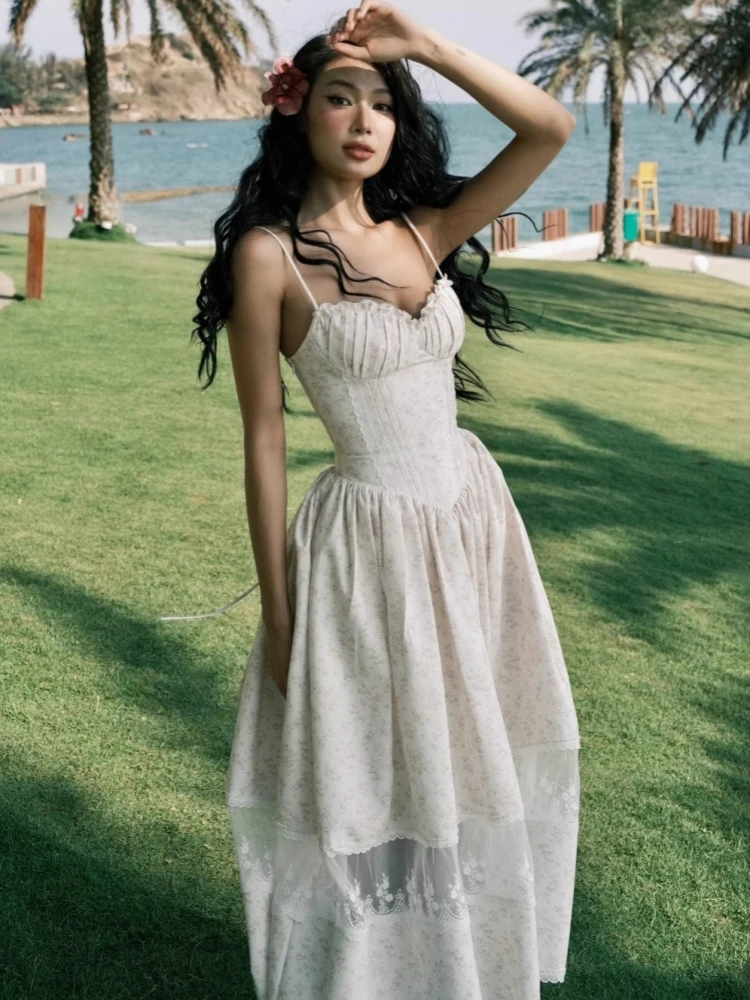 Abito lungo patchwork in pizzo floreale con spalline sexy Abito lungo da donna senza maniche con scollo a V con volant Abiti a trapezio stampati Abiti da festa