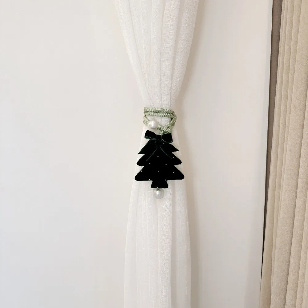 2Pcs Adjustable Christmas Tree Curtain Tieback Braided Cord Shape-Retentive Velvet Tree Curtain Strap Pearl Bow Plush