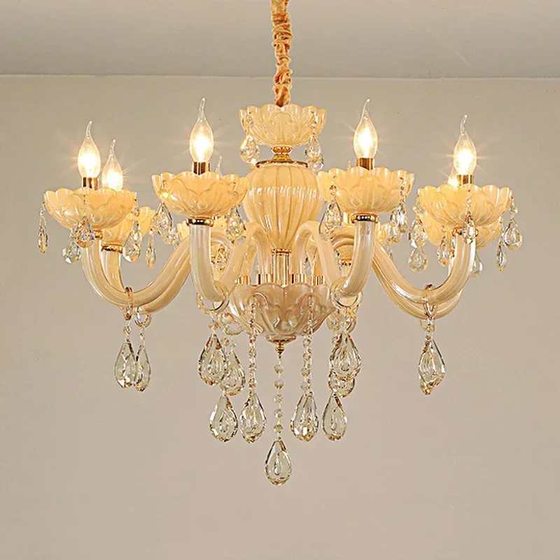 

French Atmospheric Champagne White Crystal E14 Pendent Lights European Wind Lotus Shape Bedroom Hall Led Chandelier