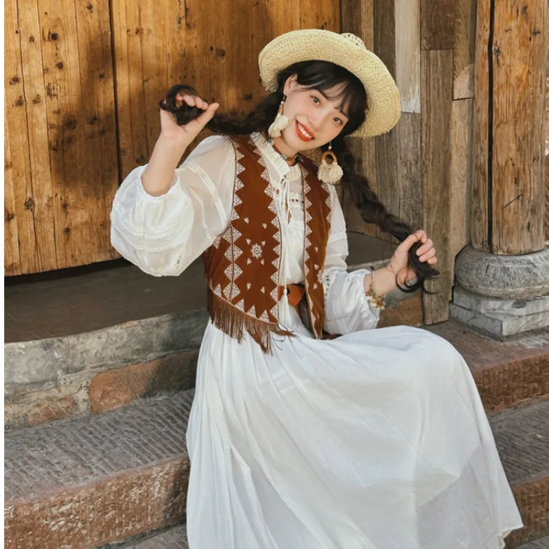 

Жилет из замши с вышивкой и бахромой в стиле вестерн, этнический кардиган, уличная мода, женский жилет