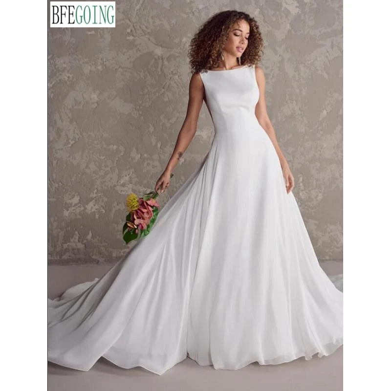 Crepe Chiffon Sleeveless A-Line Wedding Dresses Chapel Train Bridal Gowns Backless Layered Skirt