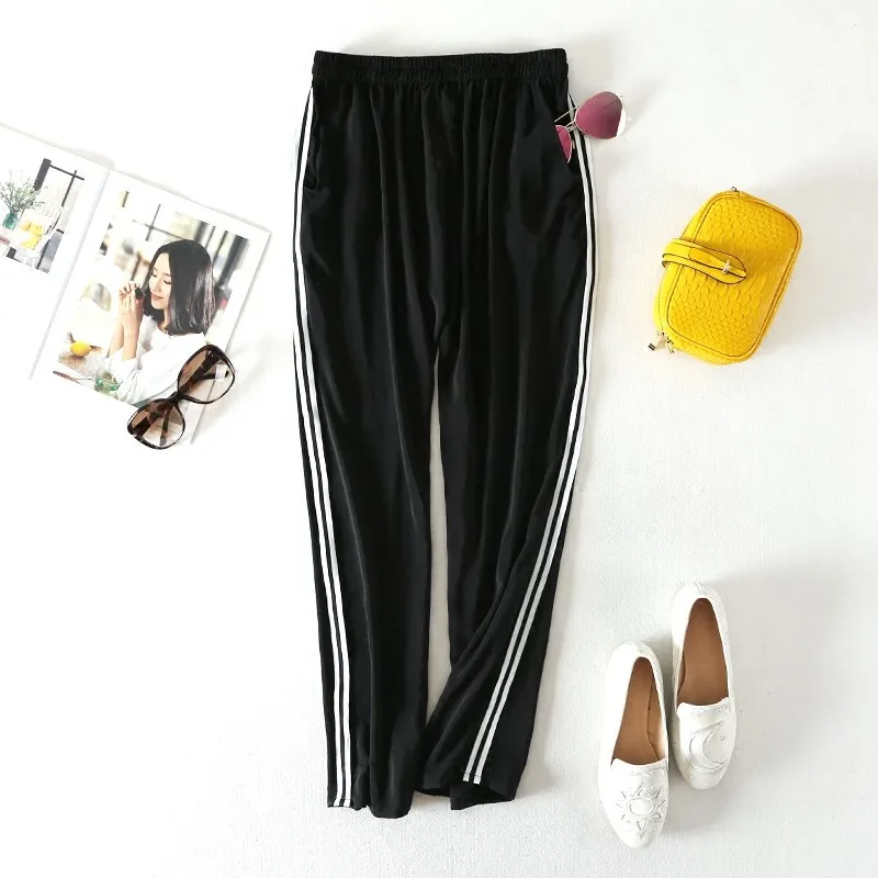 2025 Sports Style 100% Natural Mulberry Silk Double Crepe White Side Stripes (Non Silk) Black Women's Fashion Loose Casual Pants