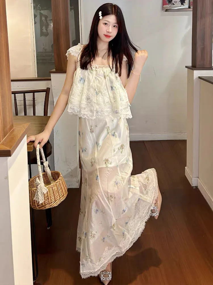 HH Donna Estate Moda Dolce Pizzo Ricamato Fiore Della Bretella Breve Top Senza Maniche + Vita Alta Temperamento Gonna Lunga Set Mujer