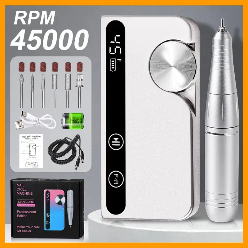 

45000RPM Rechargeable Nail Drill Professional Low Noise Polishing Nail Machine Suitable for Gel Nail Polish Polishing Tool