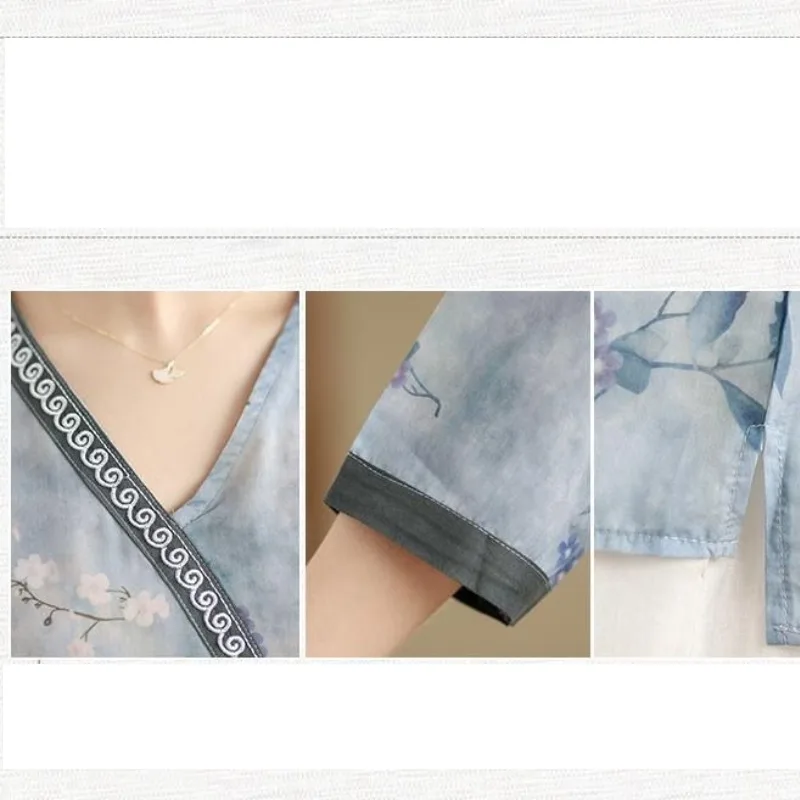 Women's Summer Chiffon V-Neck Pullover Patchwork Short Sleeve Flower Printing Tie Dye T-shirt Loose Elegant Basic Fashion Tops