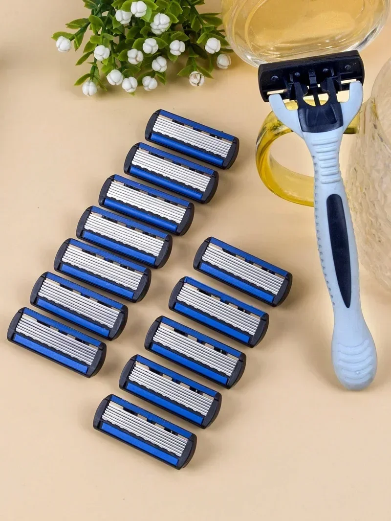 دليل 1 مقبض + 12 شفرات/ آمن لإزالة الشعر للرجال والنساء ماكينة حلاقة من الفولاذ المقاوم للصدأ مكونة من 6 طبقات رأس ماكينة حلاقة قابلة للاستبدال