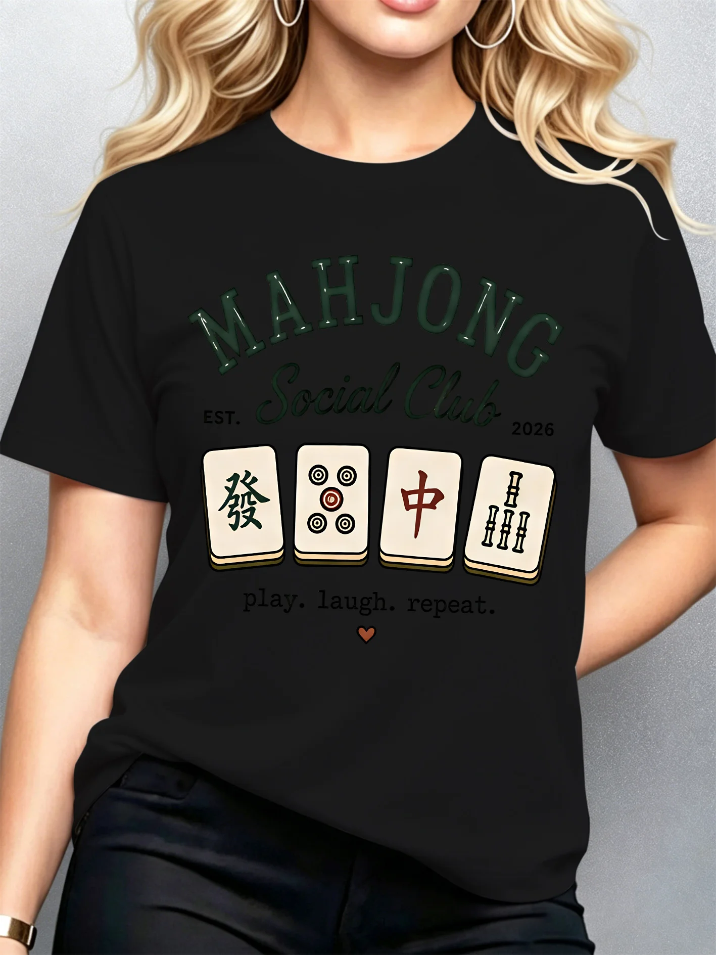 Mahjong Social Club Womens Crew Neck Short Sleeve T Shirt Chinese Mahjong Tile Play Laugh Repeat Casual Graphic Tees For Ladies