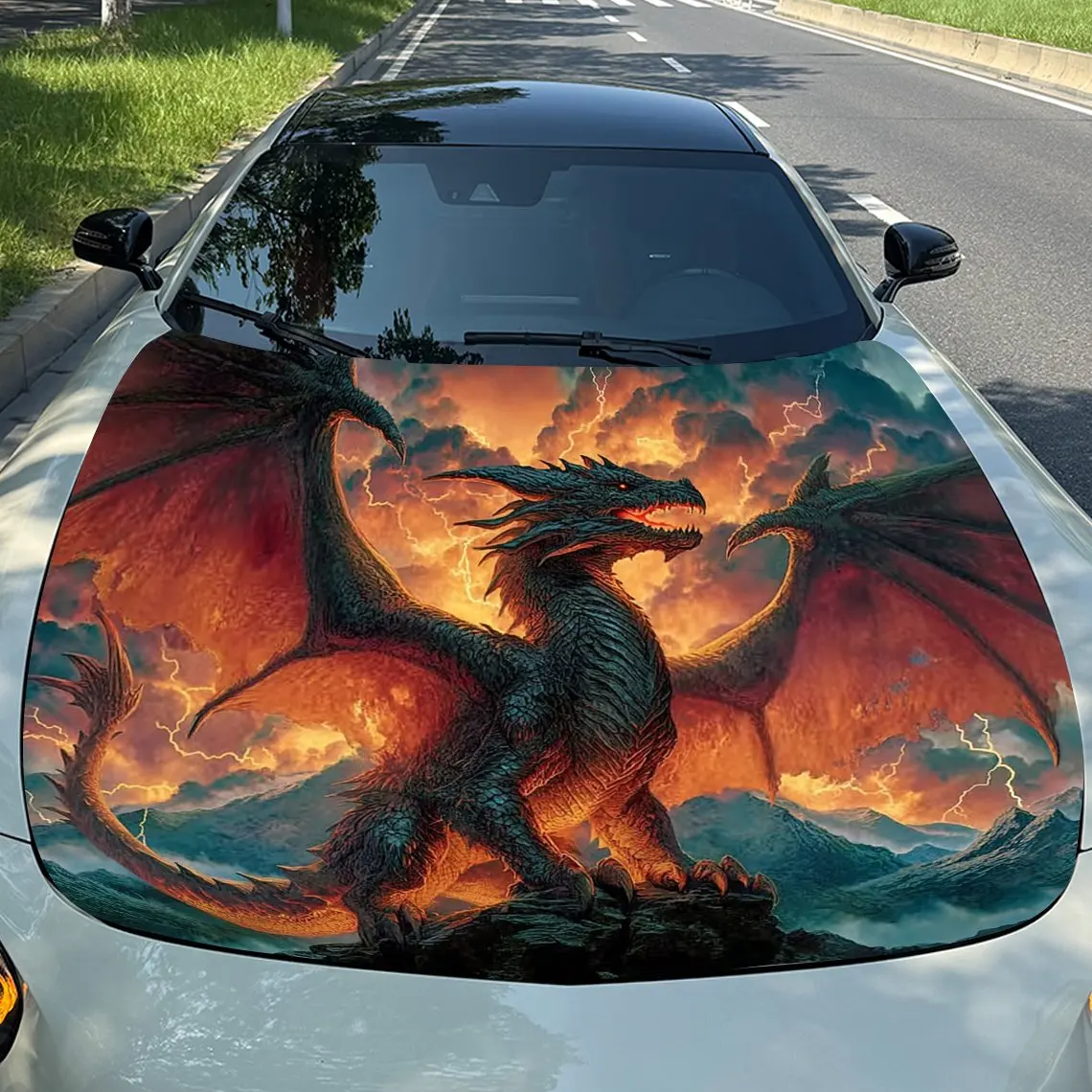 

The Evil Dragon On The Mountain Peak Hood Decal Sticker - Durable PVC Vinyl Wrap For Car Engines, Fits Most Vehicles, Protective
