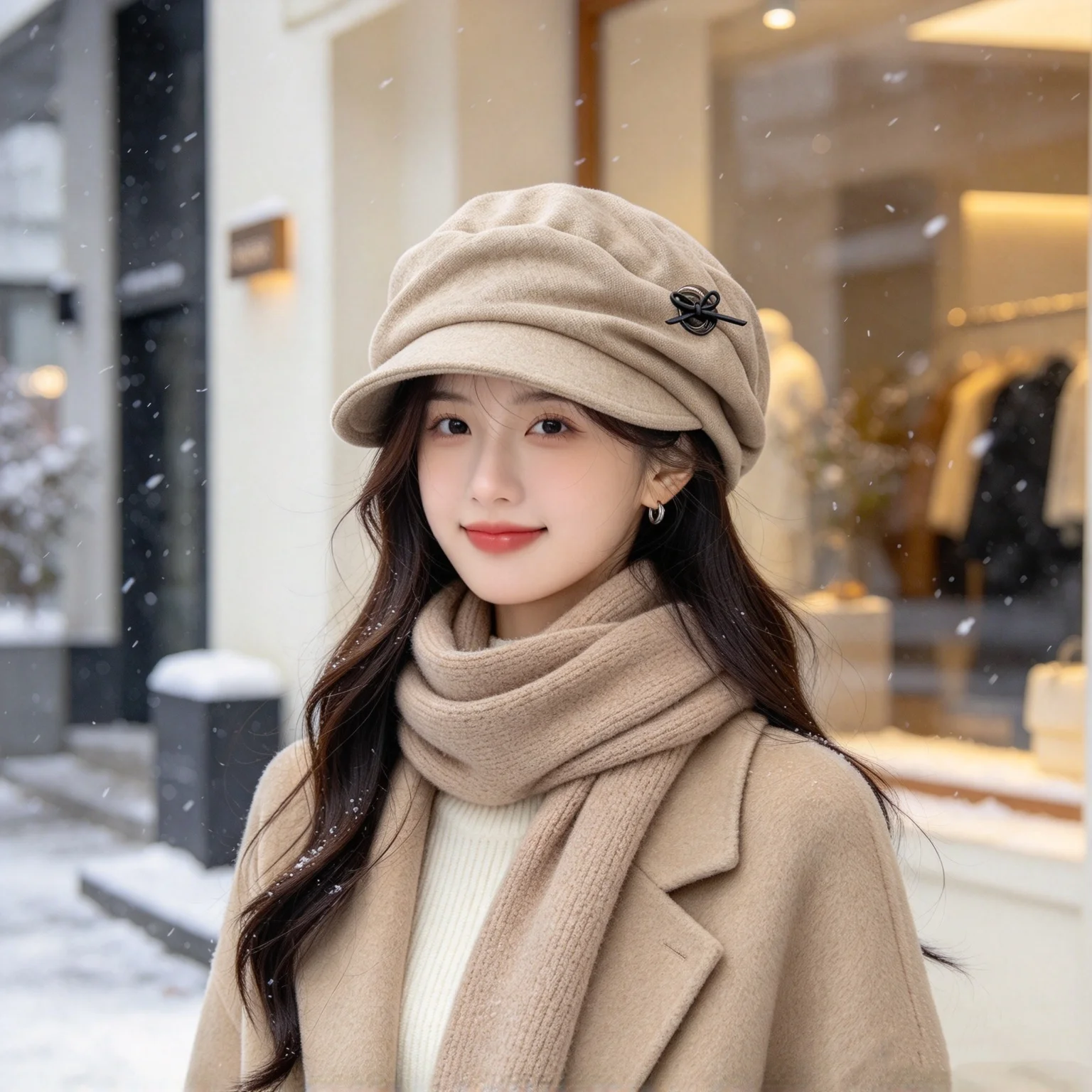 Vintage Soft Tweed Short-Brim Newsboy Hat with Three-Dimensional Pleated Body and Side Button Bow Decoration, Warm Cloud Hat for Girls to Wear in Winter for Outings and Photoshoots