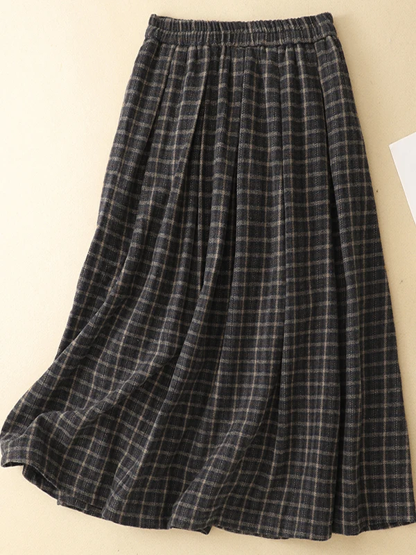

Зимняя клетчатая юбка-миди большого размера, свободная универсальная шерстяная длинная юбка, художественная юбка трапециевидной формы для поездок на работу