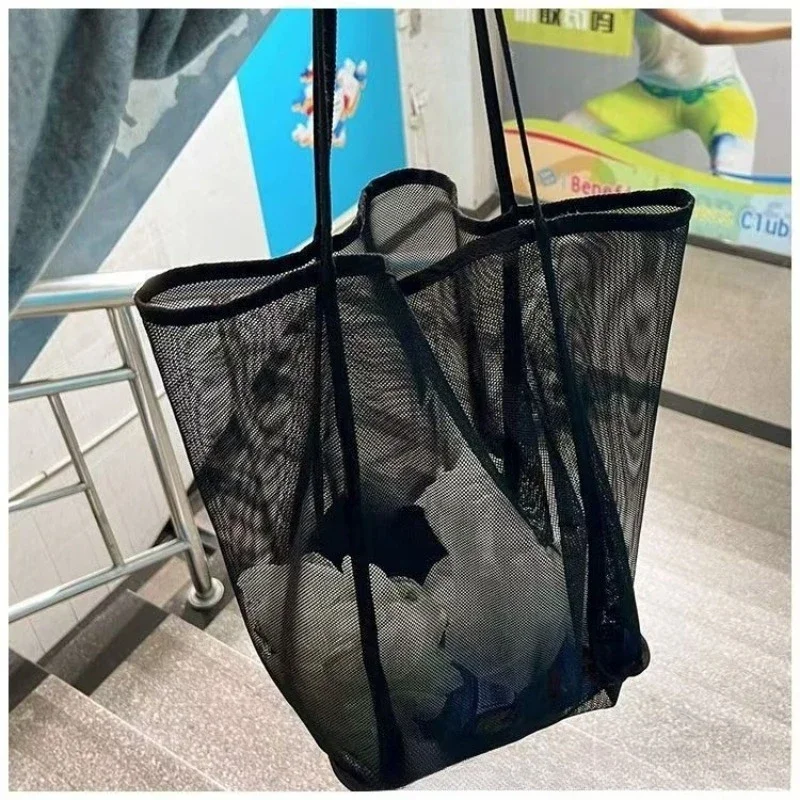 Large Capacity Mesh Beach Bag Durable Solid Color Sturdy Handles Travel Beach Vacation Camping Multi Purpose Storage Heavy view 3