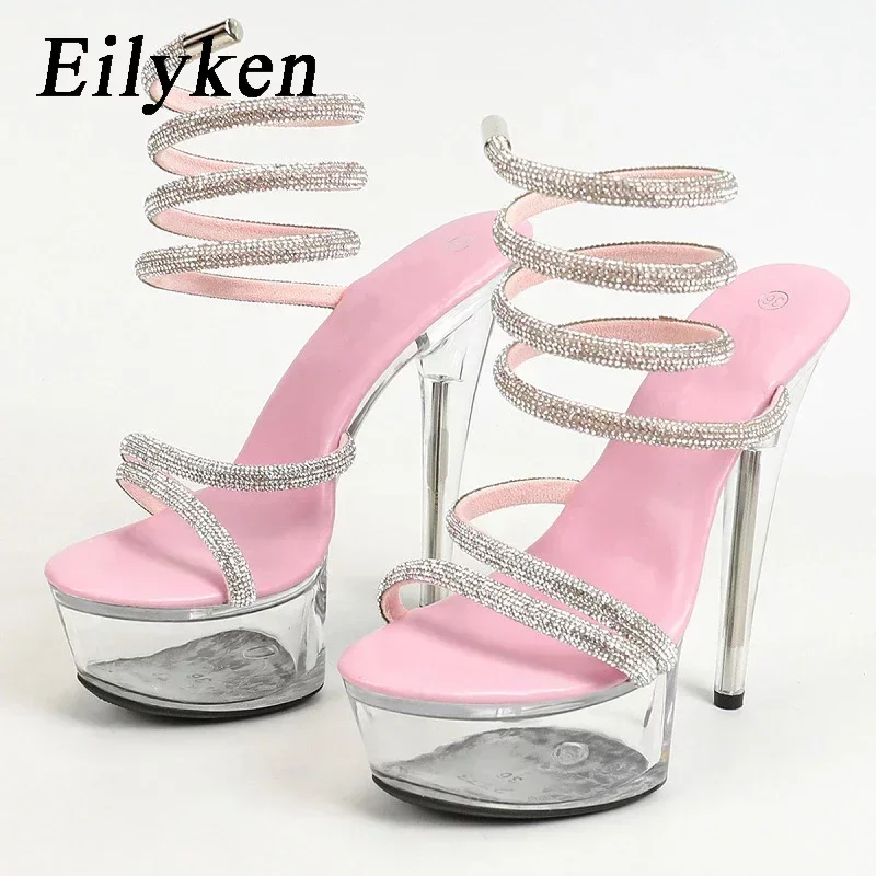 

Eilyken 2024 Fashion Ankle Strap Crystal Peep Toe Women Sandals Extreme High Heels Shoes Sexy Banquet Prom Designer Pumps