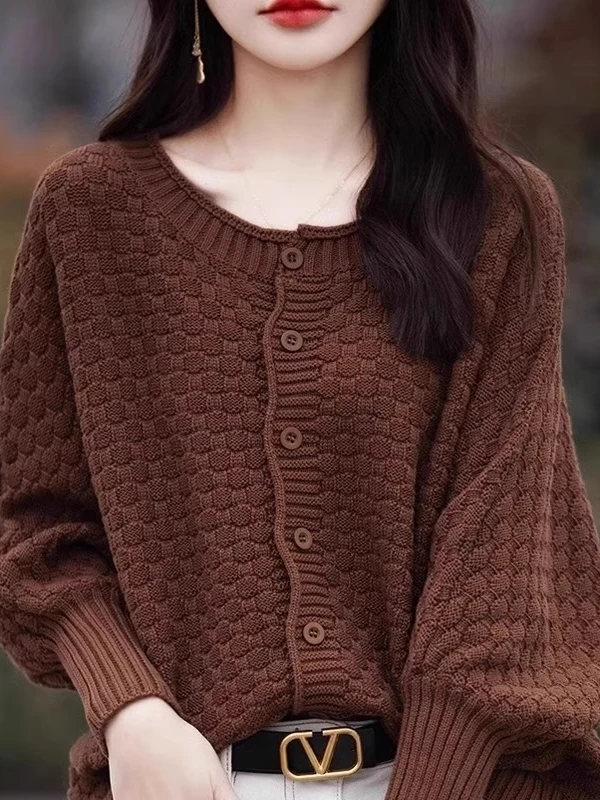 Retro Red Soft Knitted Casual Oversized Open Cardigan Spring 2025 Women's Fashion Polyester Fiber Long Sleeve round Neck Coat