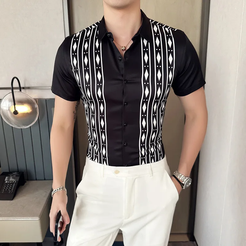 2023 Korean Fashion Short Sleeve Shirts Men Slim Fit Casual Shirts High Quality Striped Plaid Business Social Dress Shirts M-6XL