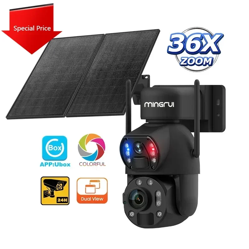 Metal Solar Powered Security Camera With 20W Solar Panel 36X Zoom 6MP HD Full Color Night Vision Wireless Outdoor Surveillance