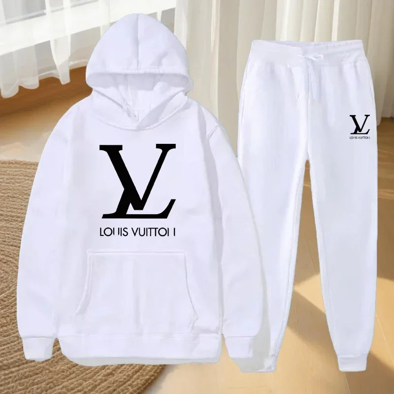 Conjunto esportivo de casal de outono e inverno masculino e feminino: moletom com capuz de manga comprida, moletom e calças compridas casuais da moda conjunto de 2 peças