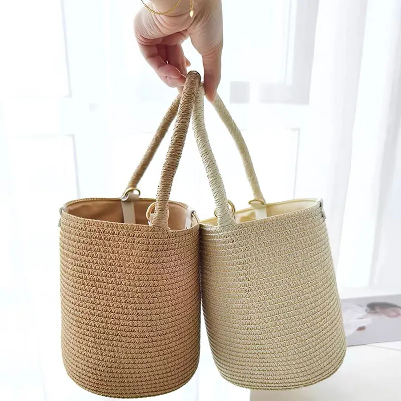 Korean Fashion Vacation Mini Paper Straw Summer Shoulder Handbags Bucket Bag Oblique Backed Beach Bag 2024 New Designer Tote Bag