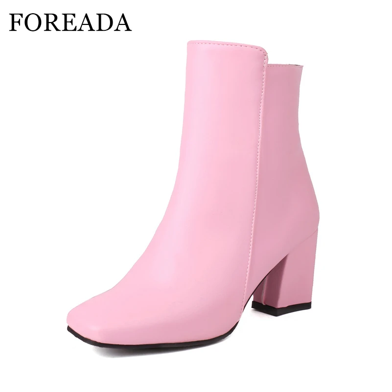 

FOREADA Women Ankle Boots Square Toe Chunky High Heels Zipper Metallic Short Boots Ladies Fashion Shoes Autumn Winter Silver 46