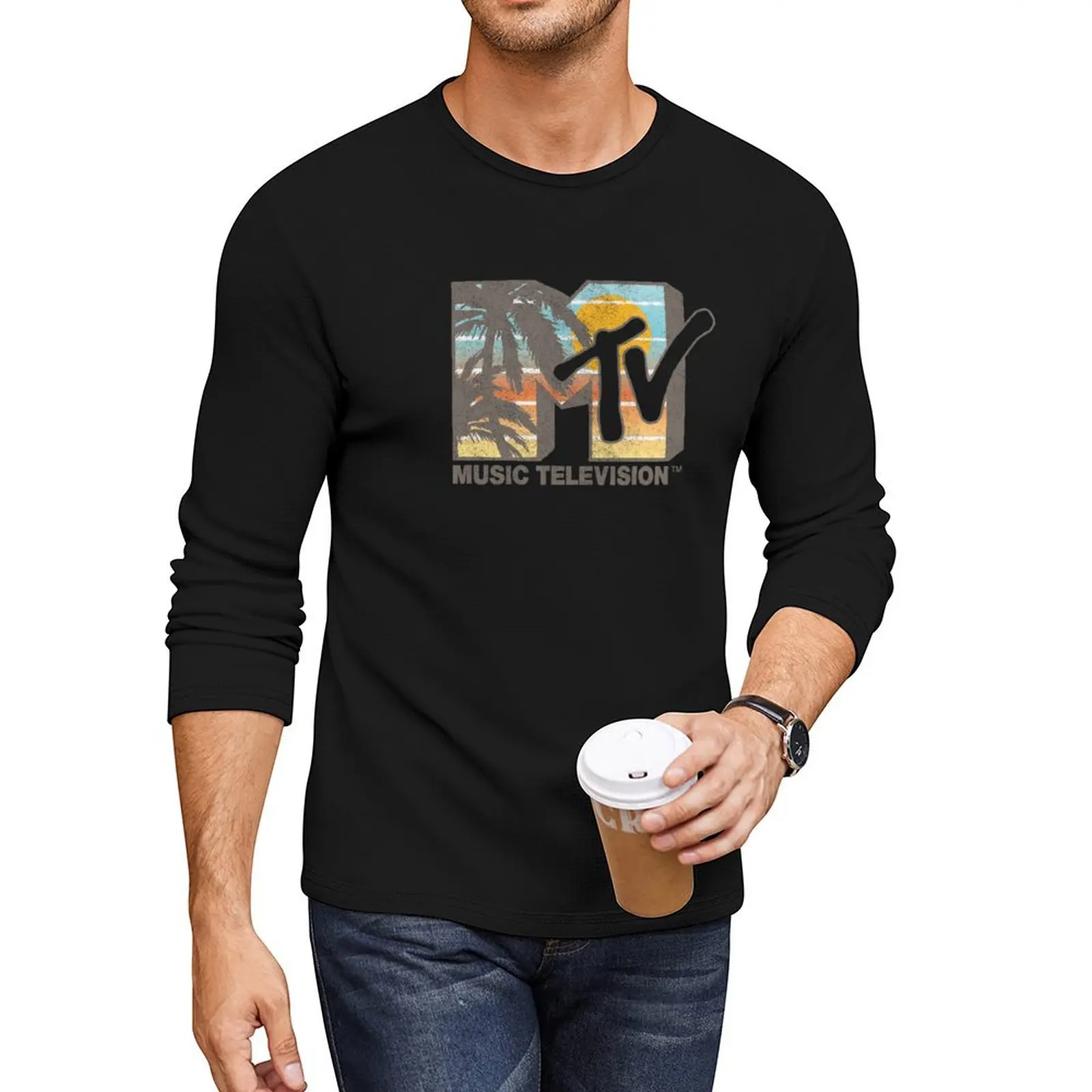 

MTV Vintage Sunset & Palm Tree Distressed MTV Logo Long T-Shirt boys animal print shirt tops tshirts for men