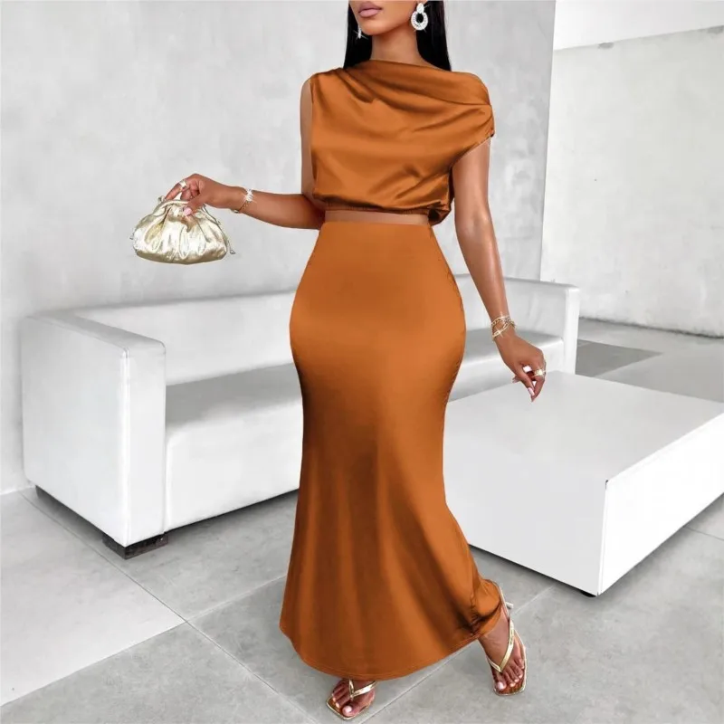 

Spring Summer New Fashion Solid Color Sleeveless Top Satin Dress Two Piece Sets Women's Casual Waist Revealing Suit Dress Set