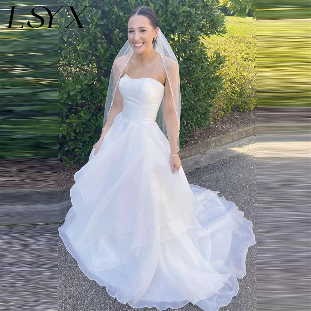 LSYX Sleeveless Strapless Tiered Organza A-Line Wedding Dress Elegant Ziper Back Floor Length Bridal Gown Custom Made