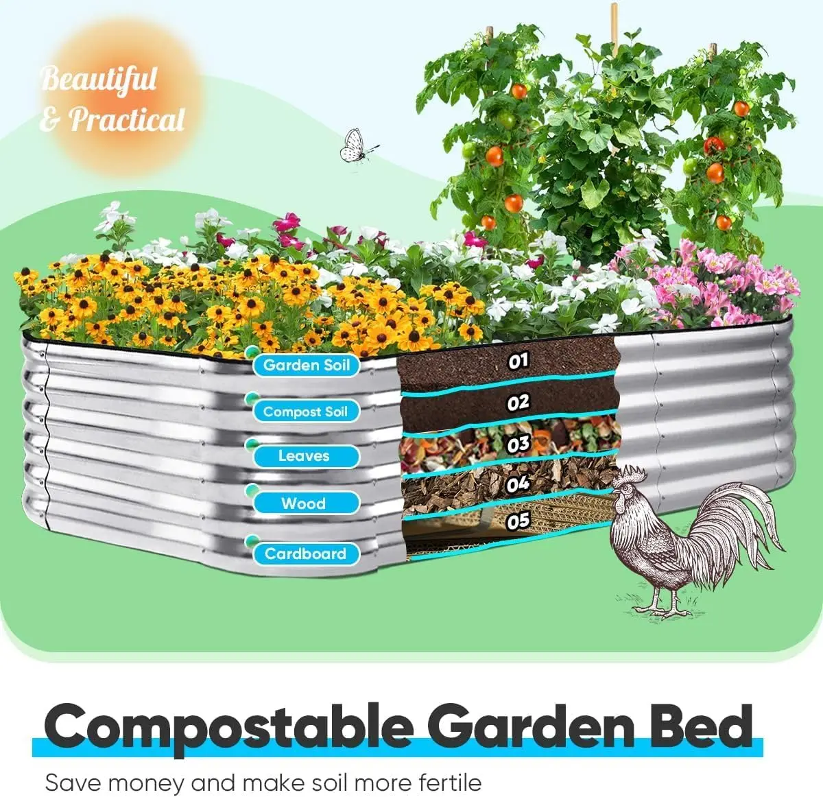 Raised Garden Bed Kit Oval Galvanized Metal Planter Box Tall for Vegetables Outdoor Backyard, Rubber Strip Edging Included, Silv