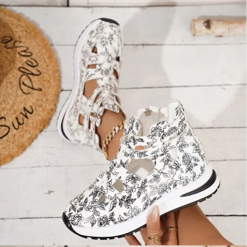 Ladies Slope Heel Sandals Non-slip Lightweight Comfortable Casual Mid Heels Women High Top Shoes Casual Hollow Breathable Shoes