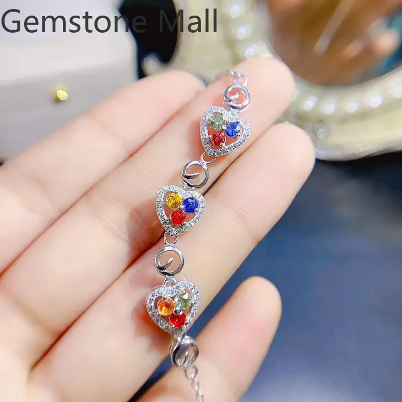 925 Silver Heart Bracelet 9 Pieces 0.9ct Natural Sapphire Bracelet 18K Gold Plating Multocolor Sapphire Jewelry