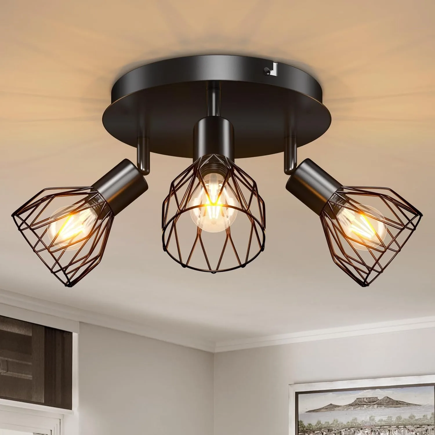 JOYINLED Amerikanische Deckenleuchte im Industriestil, Wohnzimmer, Foyer, Flur, Deckenleuchte, Schlafzimmer, Innenraum, Deckenbeleuchtung, 3 Köpfe, E14