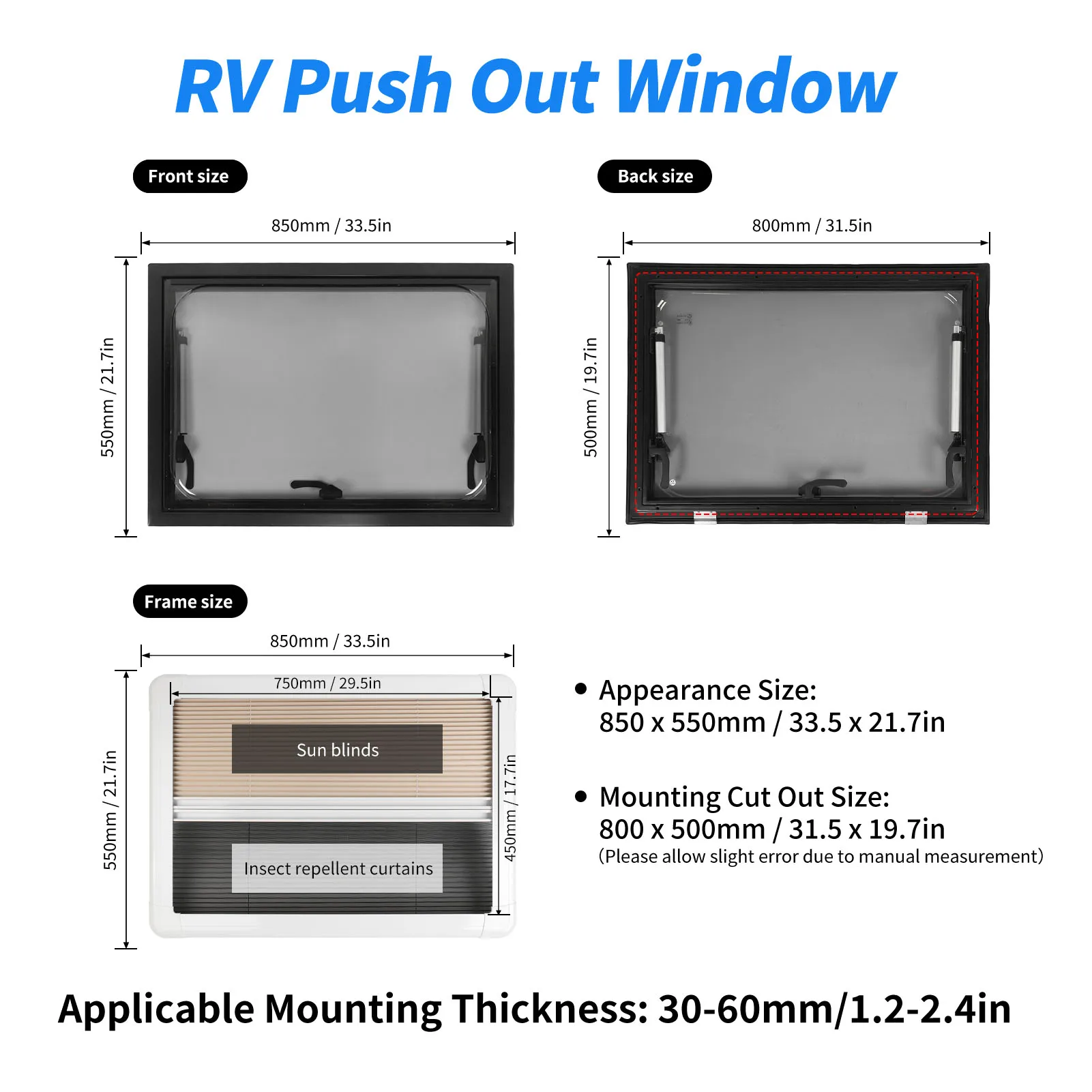 RV Side Window 75° Opening Angle Double Layer 32x20 Inch Shock Absorbing RV Push Out Window for  Campers Trailers