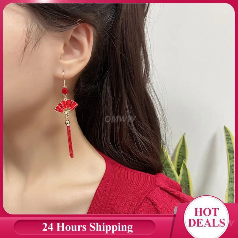 Tassel Drop Earrings High-quality Materials Holiday Symbol Folding Fan Earrings Holiday Ornaments Earring Fine Workmanship Red