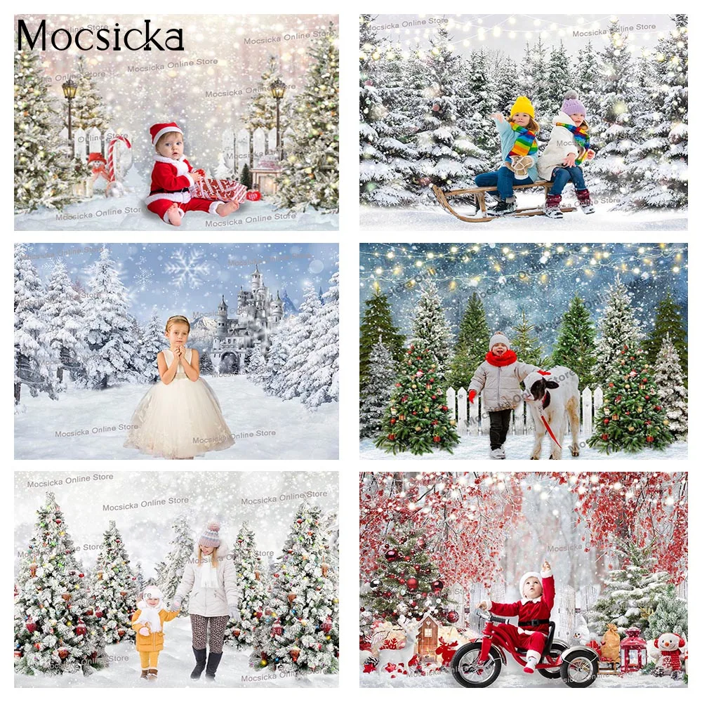 Christmas Frozen Forest Portrait Photo Backdrop Snowy Trees Birthday Background Winter Landscape Festival Party Photography Prop