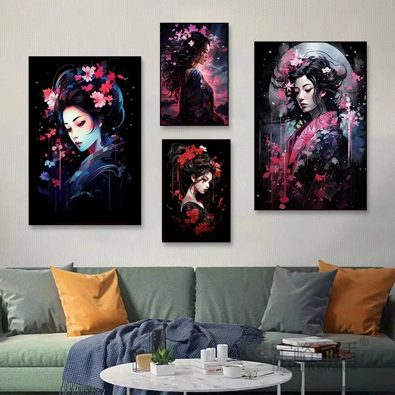 1pc frameless canvas Vintage Japanese Geisha Woman Girls Samurai Sword Dragon Art Poster  Wall Prints Picture for Decor