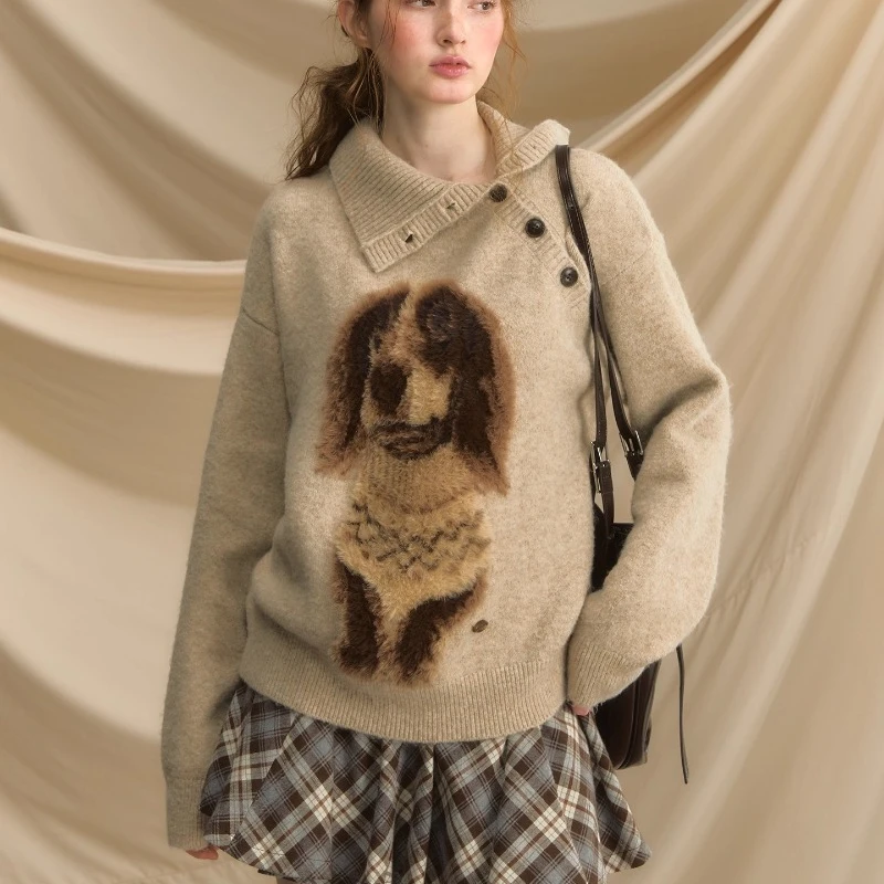 

Autumn Winter Knitted Pullover Sweater Women Dog Retro Loose Lazy Style Outside Wear Crew Neck American Versatile Knitwear Tops