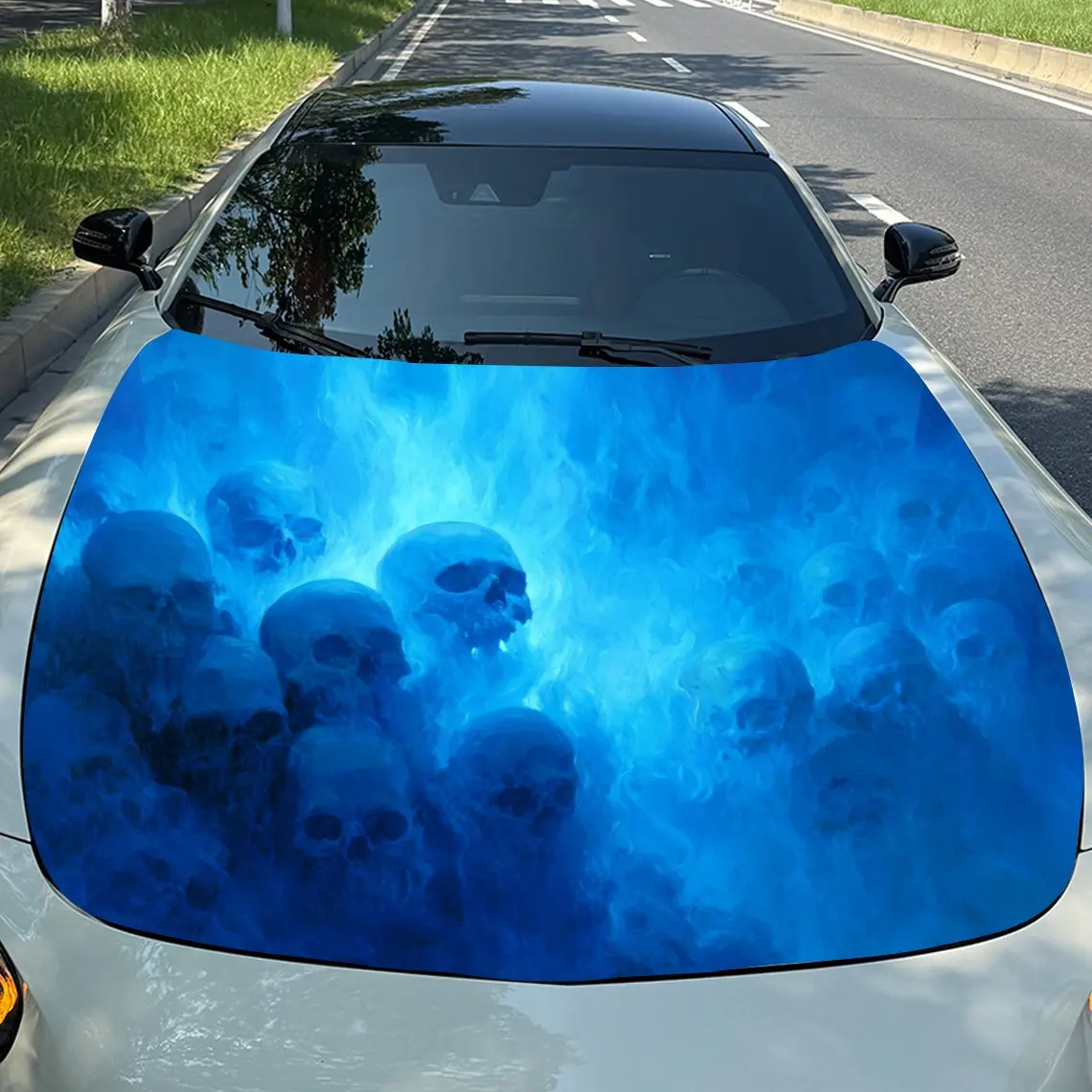 

Blue Flame Skull Pile PVC Car Hood Stickers/Waterproof Vinyl Wrap/Trendy Design/Durable For Cars, Trucks, SUVs/Unique Gift For C