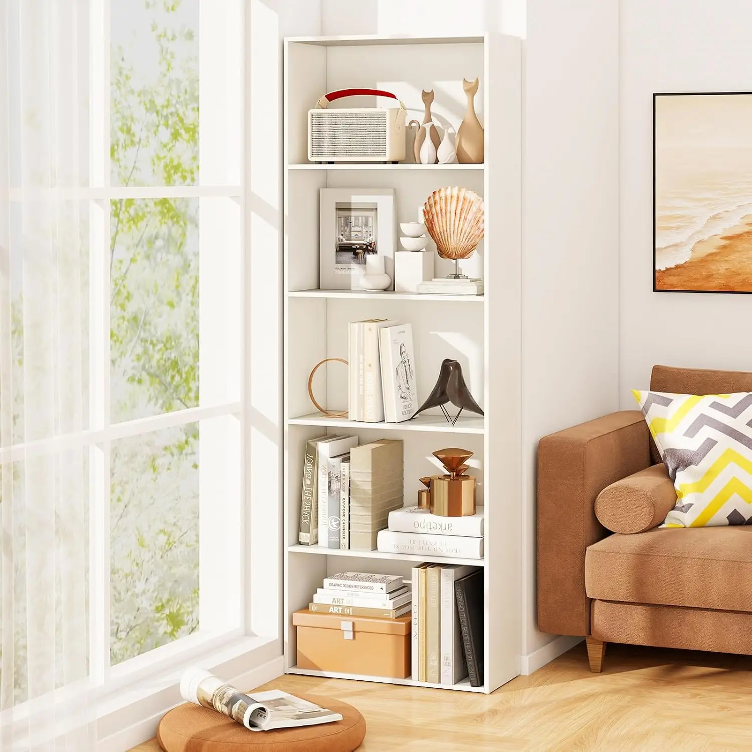 5-Tier Tall Bookcase Set Of 2, Floor Standing Bookshelf With Thick Boards & Anti-Tipping Device, Wooden Open, Customized