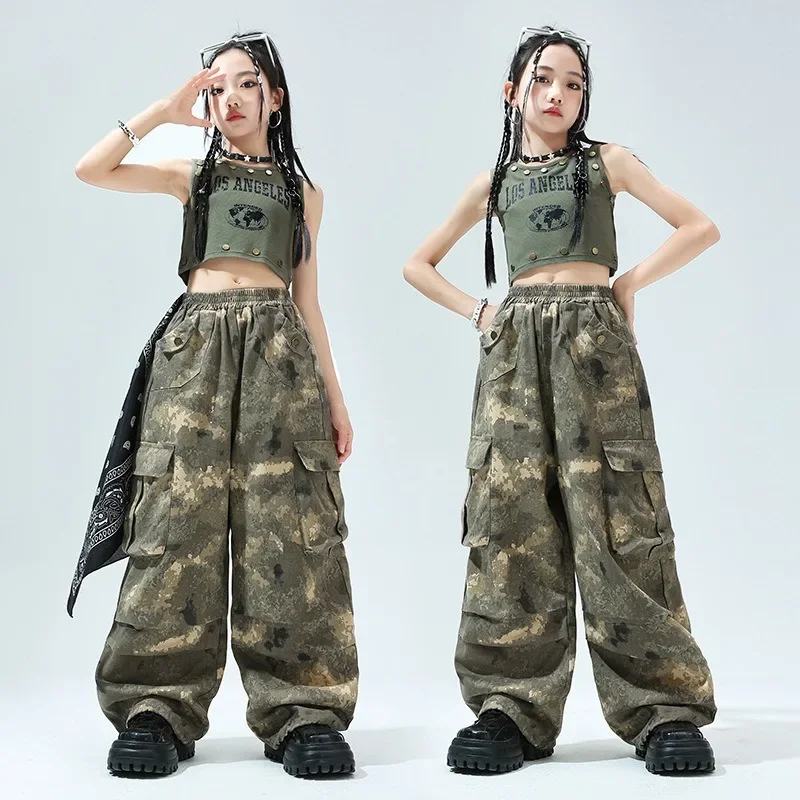 Children's Jazz Dance Clothing Girls Trendy Cool Sleeveless Exercise Clothes Summer Umbilical Camouflage Kpop Dance Suit