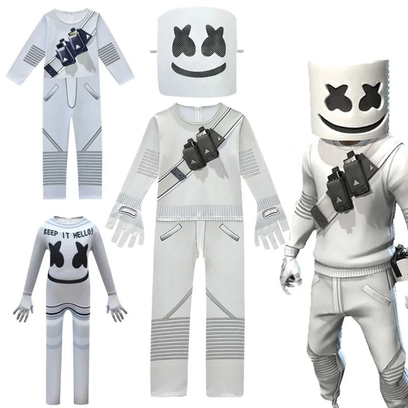 qq38キッズ人気のハロウィーンコスチュームDJ M-Marshmellosコスプレマスク付き男の子女の子ジャンプスーツカーニバルパーティー電気音節ボディ