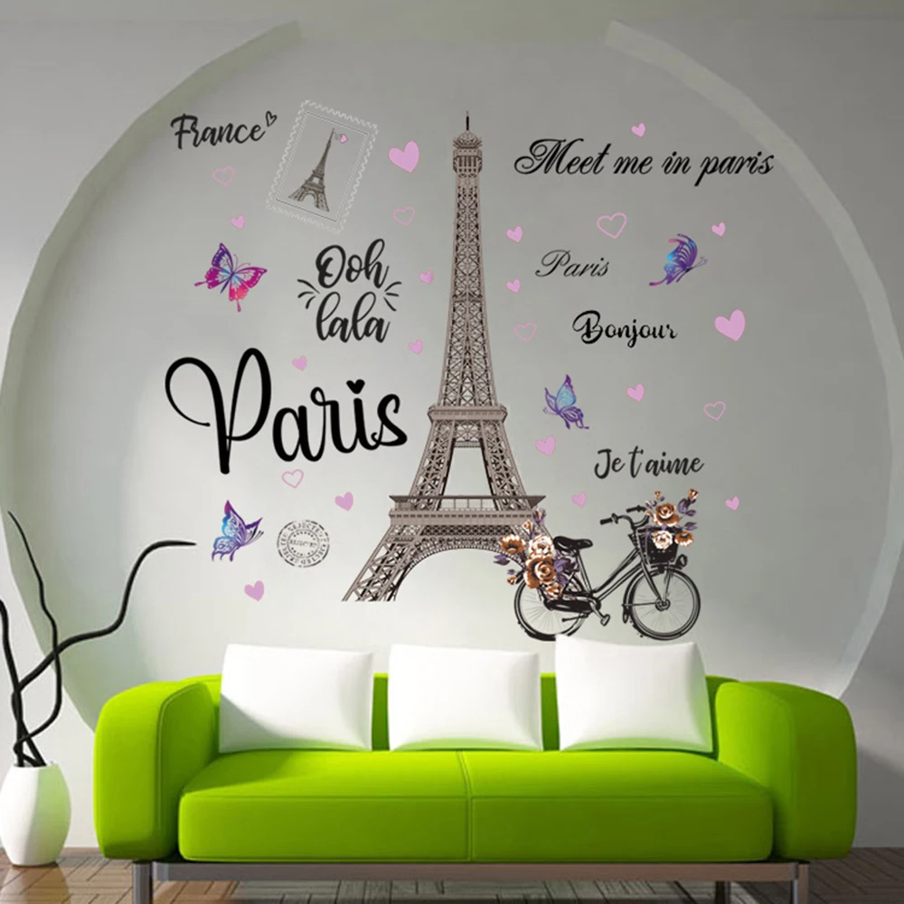 Paris Tower Bike Butterfly Wall Sticker, Self-adhesive, Removable Vinyl PVC Home Decor, Living Room and Bedroom