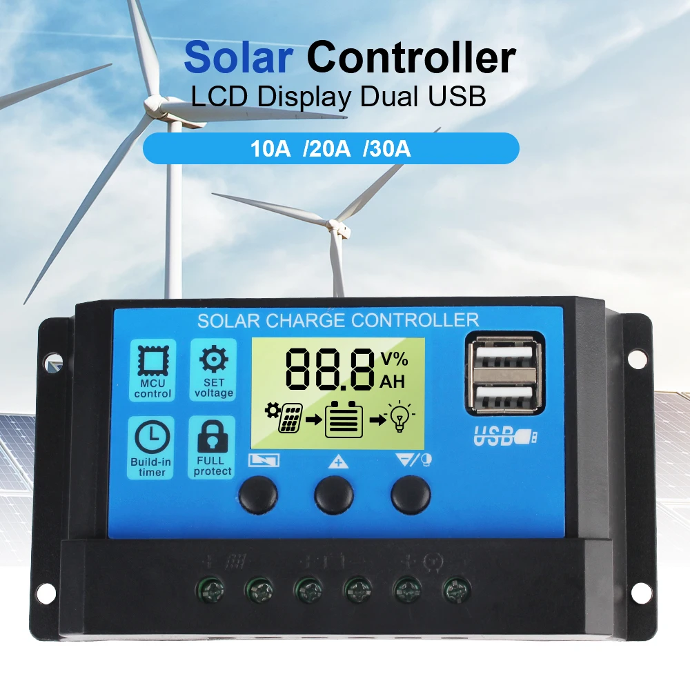 เครื่องควบคุมแบตเตอรี่พลังงานแสงอาทิตย์แบบ USB คู่30A 10A 20A 12V 24V ตัวควบคุม MPPT อุปกรณ์เสริมจอแสดงผล LCD อุปกรณ์ตกแต่งบ้าน