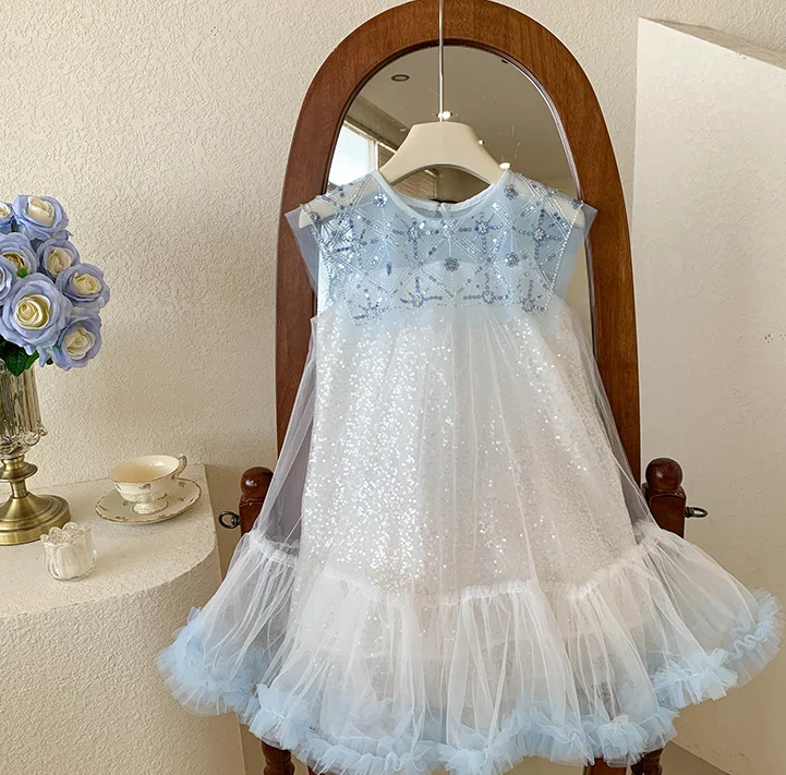 Retail New Baby Summer Girls Boutique Sequined Mesh TuTu  Dress, Princess Kids Sweet Fashion Dress  3-7T