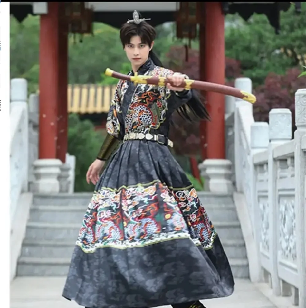 

Black Male Hanfu Ming Dynasty chivalric flying fish suit printed stripes drawn pleats traditional Chinese style ancient clothes