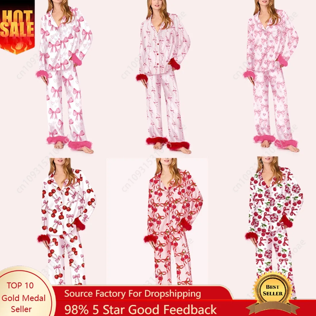 

Retro Bow Print Pajama Set Parent Child Outfit Cute Women Youth Silk V Neck Top Raw Edge Loose Pajama Pants