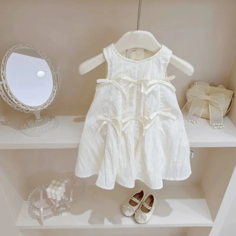 Baby Girl Princess Cotton Korean Bow Dress Sleeveless Toddler Child Soild Vest Vestido Party Birthday Summer Baby Clothes 1-7Y