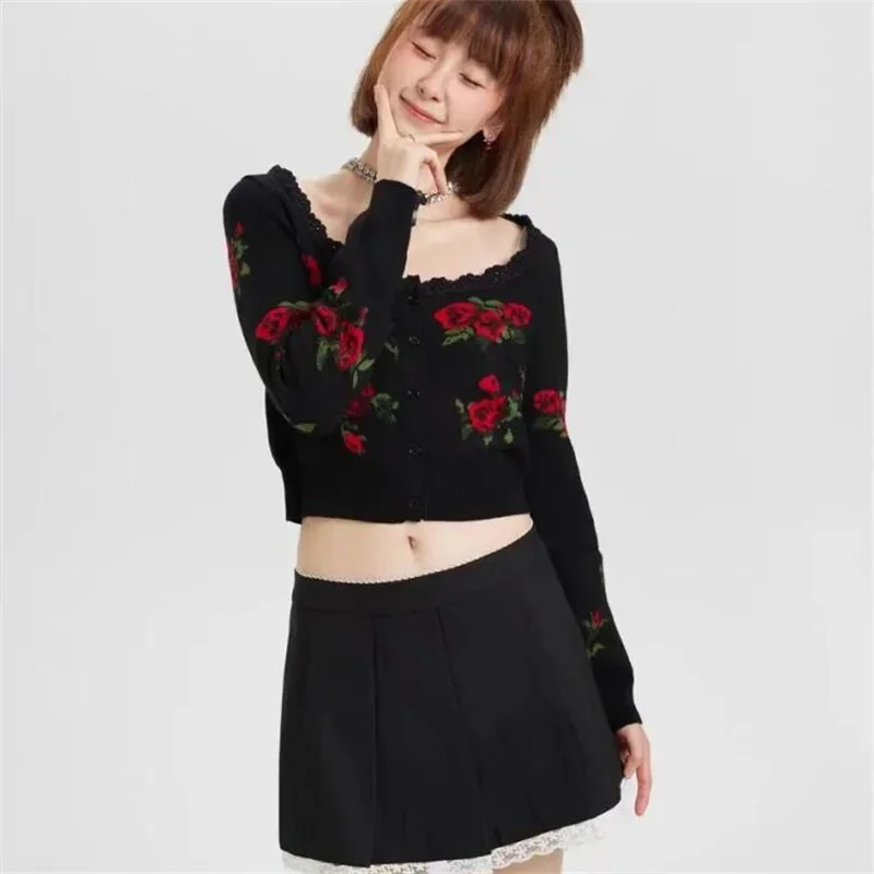 Maillard Jacquard Knitted Cropped Cardigan Women\'s Autumn New French Vintage Lace Rose Flower Square Collar Sweater Short Coat