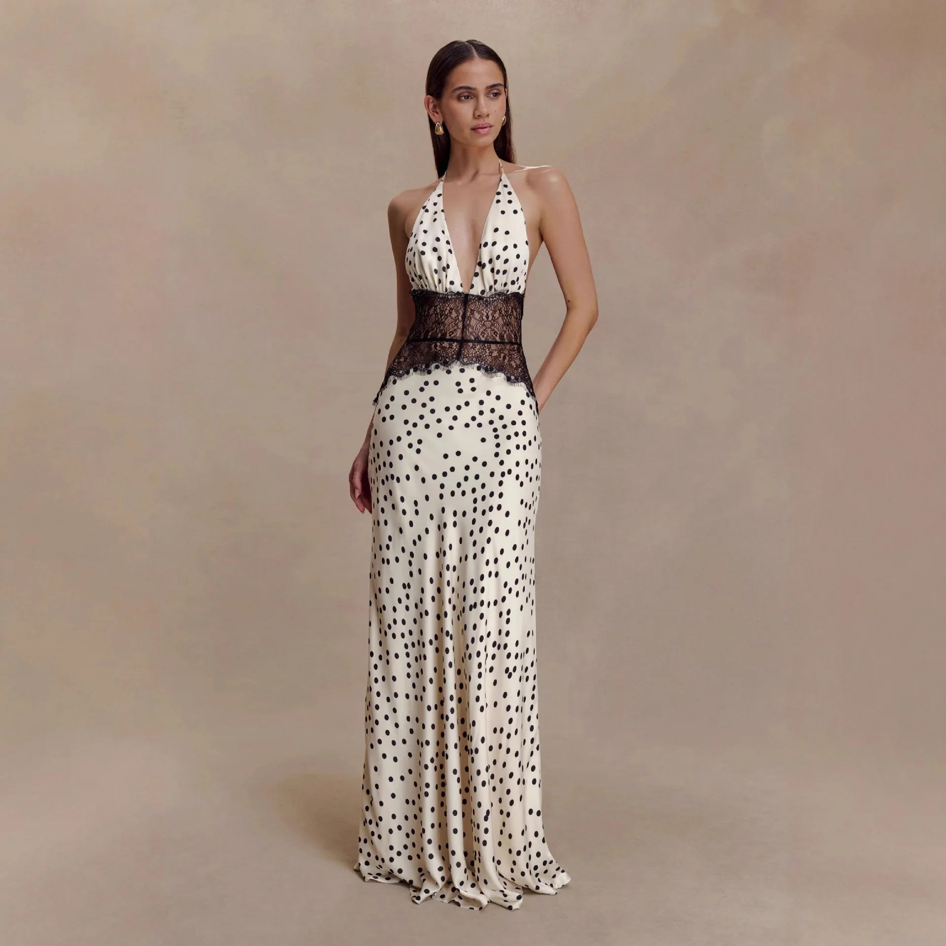 

Women's Sleeveless Deep V Neck Polka Dots Lace Paneled Bodycon Sexy Nightclub Party Dress