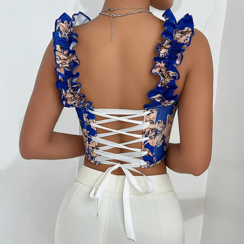 2025 NOVEDAD DE VERANO dulce Sexy cuello en V estampado deshuesado acolchado sin espalda Tie-Strap Slim Fit Top corto de mujer