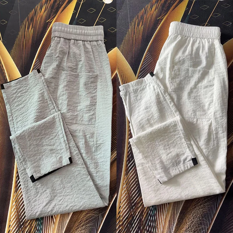 Slim Fit Cotton Linen Men's Summer Casual Pants Breathable Thin Ice Silk Small Foot Sports Pants Simple Style Quick Dry