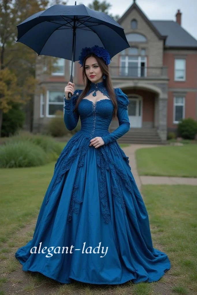 

Customised Sapphire Blue Vintage Victorian Evening Gown Sweetheart Neckline Corset Floral Print Prom Dress Special Occasion Gown